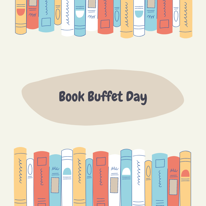 Picture of books with sign that reads Book Buffet Day