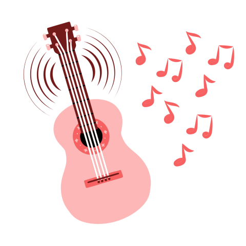 Illustration of ukulele and music notes.