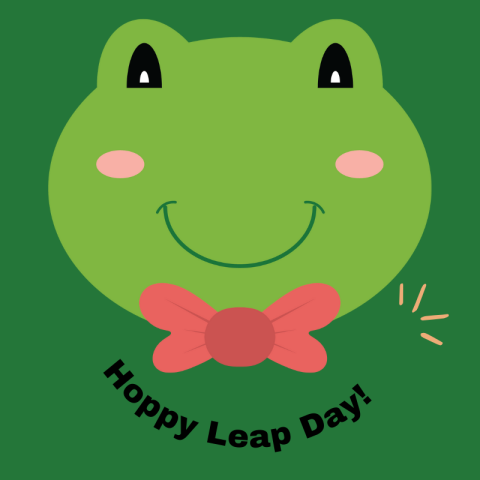 Frog with bow tie saying Hoppy Leap Day!