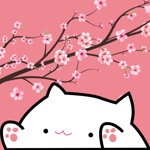 Cartoon cat with cherry blossoms.