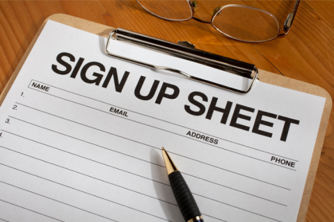 blank sign up sheet with clipboard and pen