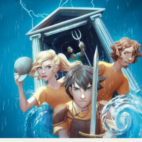 Annabeth, Percy, and Grover outside temple