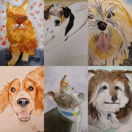 Watercolor paintings of pets.