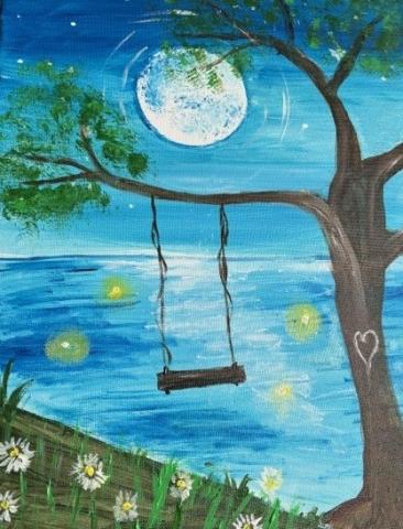 Painting of a tree with a swing.