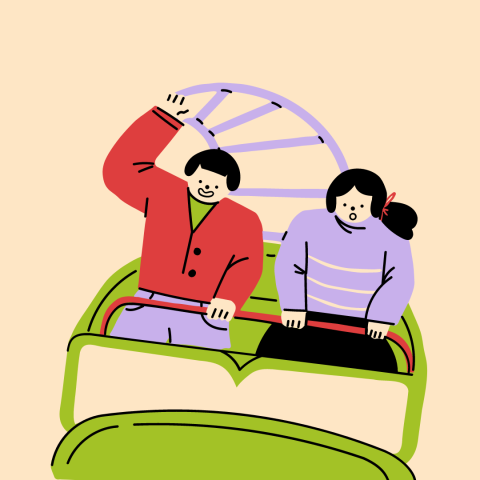 Cartoon image of two young adults on a roller coaster.