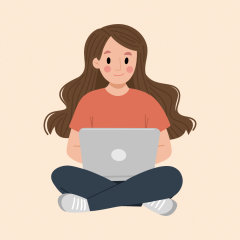 Cartoon of young woman with a laptop computer.