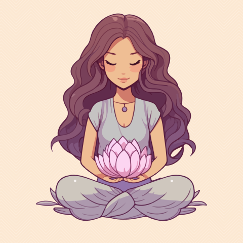 Cartoon image of young woman meditating, holding a lotus flower.