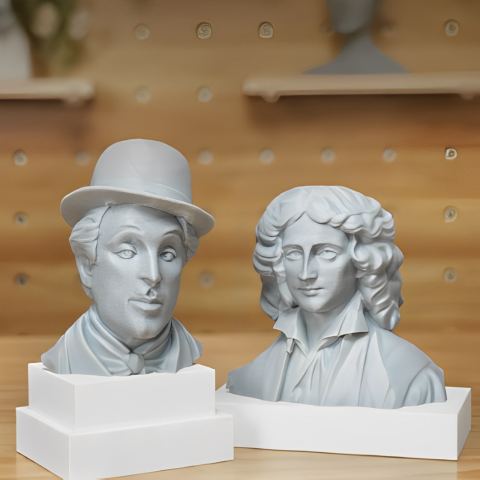 Pictures of two 3D printed busts of people.