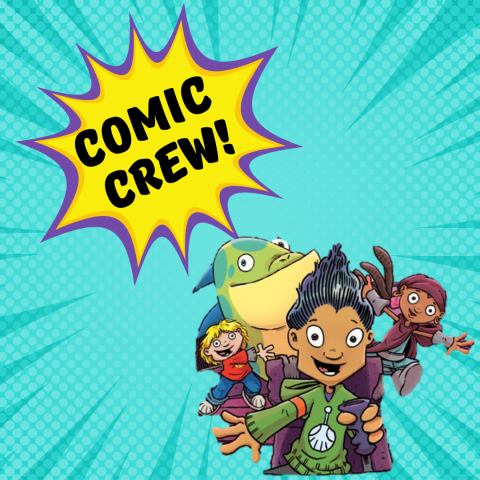 Comic Crew Logo with HiLo, DJ, Gina, and Iguana