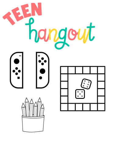 Teen hangout with images of switch controller, pencils, and a game board.