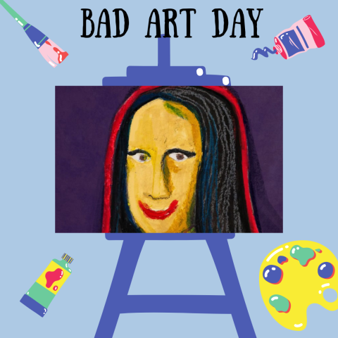 Canvas with painting, surrounded by paint and paintbrush