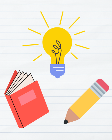 Cartoon images of lightbulb, book, pencil.