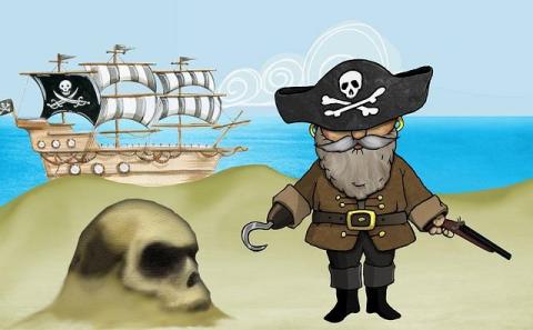 Pirate standing on land next to a skull with a pirate ship in the water