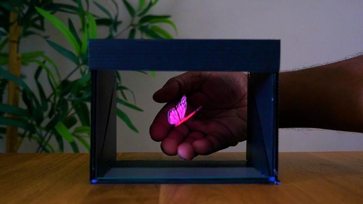 A hologram box displaying a digital butterfly