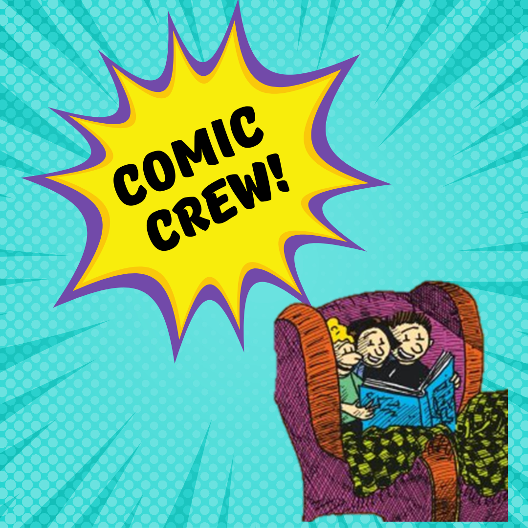 Comic Crew Logo with Andy, Terry and Friends reading a book