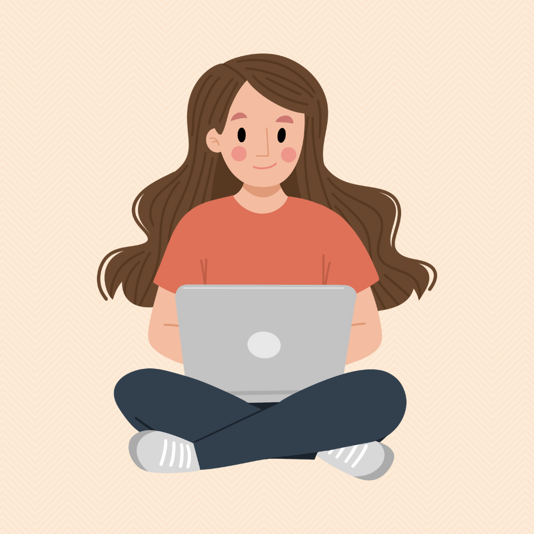 Cartoon of young woman with laptop.