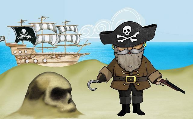 Pirate standing on land next to a skull with a pirate ship in the water