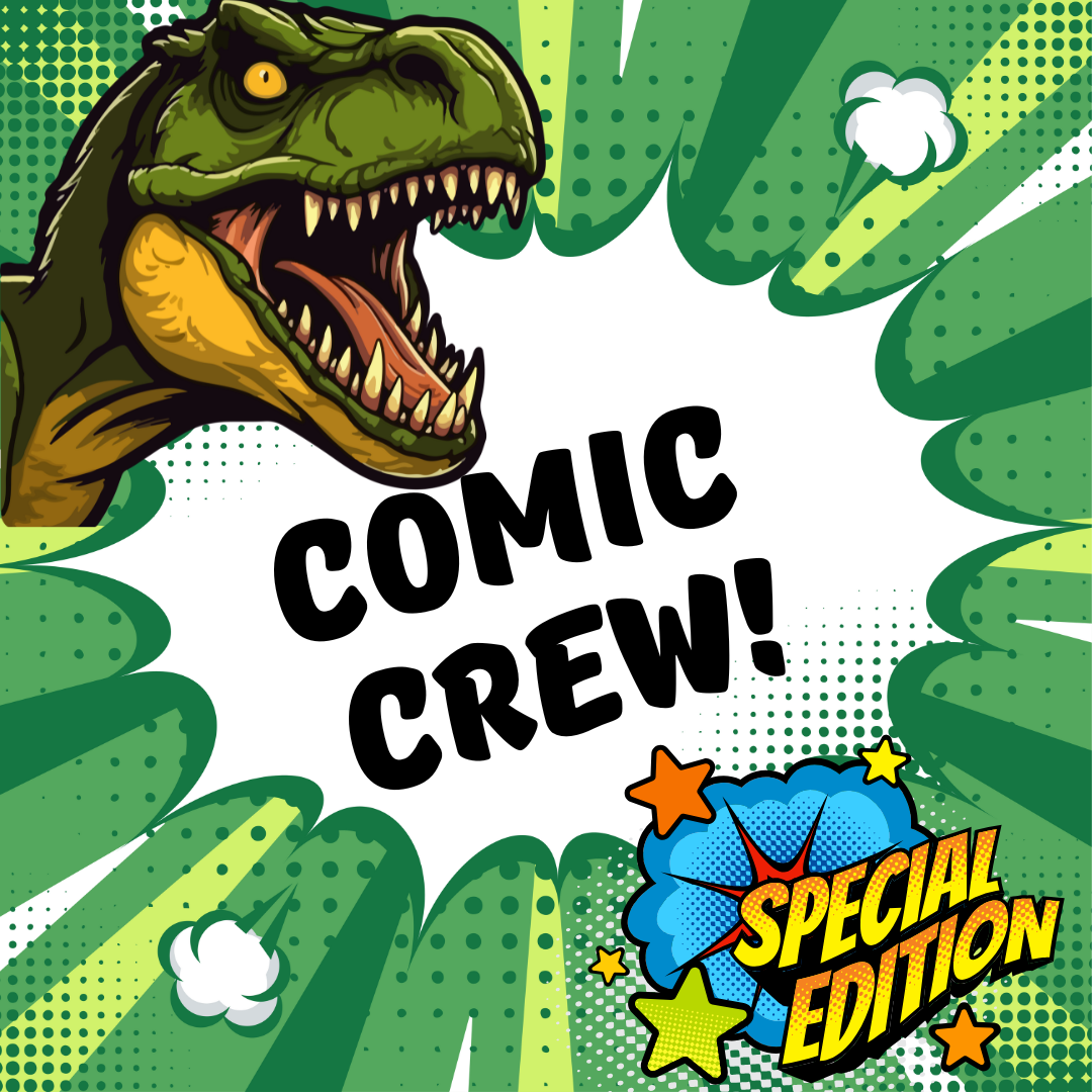 Dinosaur above Comic Crew logo